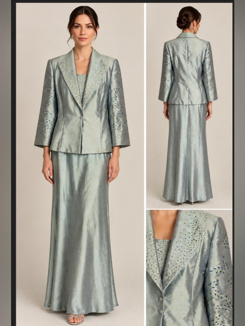 KM Collection Women's Sage Green Embellished Two-Piece Dress Evening Gown Jacket